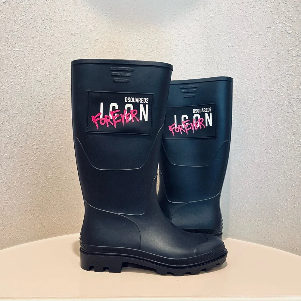 DSQUARED2 Women’s Icon Forever Tall Black Rubber Rain Boots Size 8 NEW - Picture 5 of 15